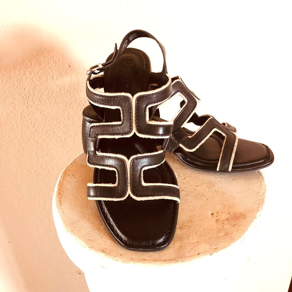 Born Sofia Block Heel Slingback Sandals Black Birch Caged Strappy Size 8M